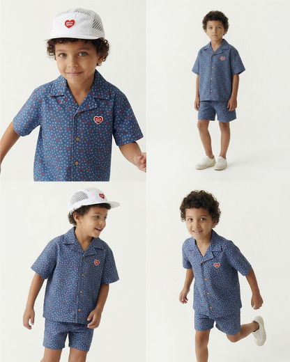 [SET] Blue BB Heart All-Over Denim Shirt & Shorts