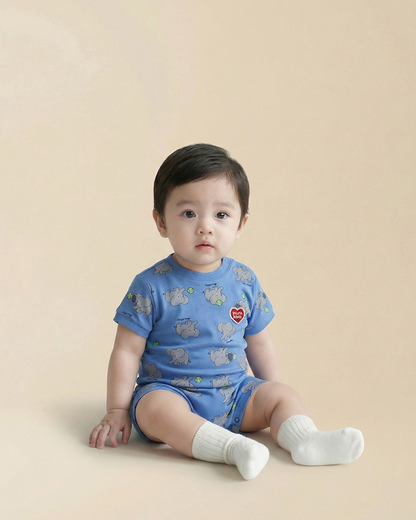 BABY Blue Elephant Pattern Short Jumpsuit
