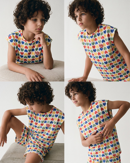 [SET] Cream Rainbow Heart Mesh Sleeveless Shorts