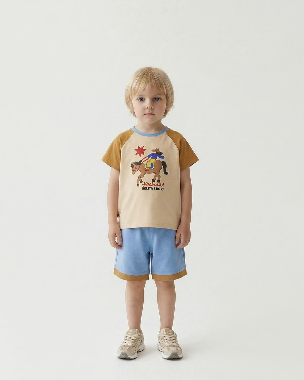 [SET] Beige Cowboy Color Block Shorts