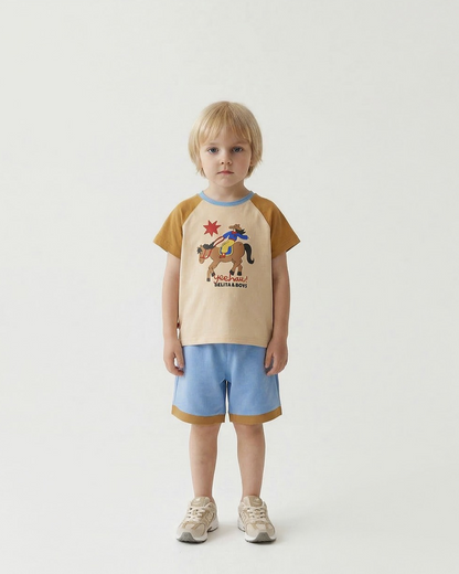 [SET] Beige Cowboy Color Block Shorts