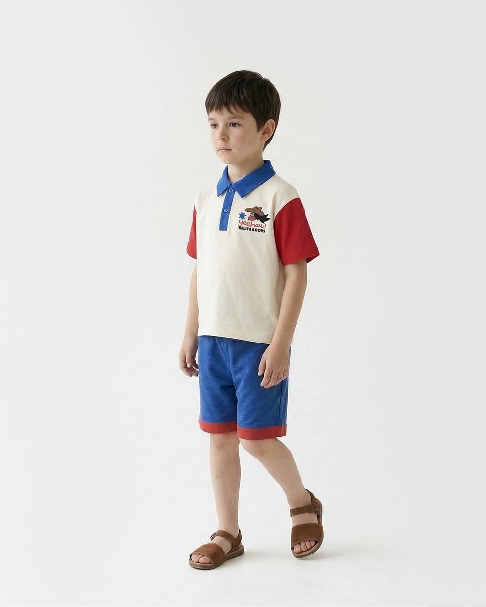 [SET] Cream Cowboy Color Block Collar Shirt & Shorts
