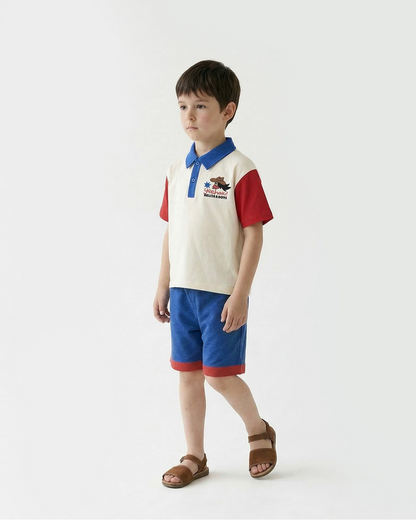 [SET] Cream Cowboy Color Block Collar Shirt & Shorts