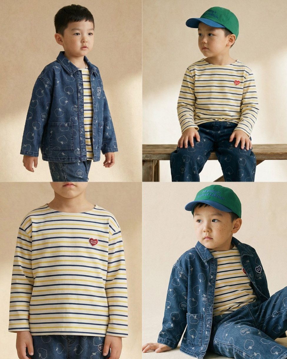 Yellow BB Heart Multi Stripe Boat Neck Long Sleeve