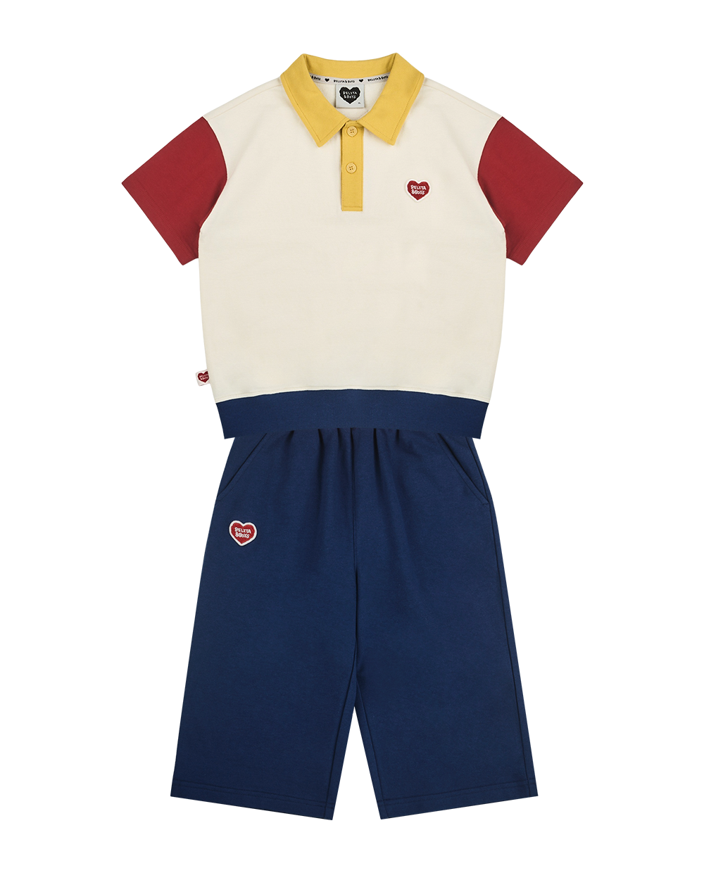 [SET] Cream BB Heart Color Block Collar & Crop