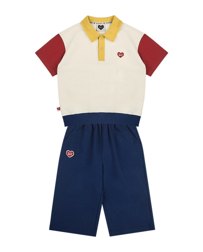 [SET] Cream BB Heart Color Block Collar & Crop