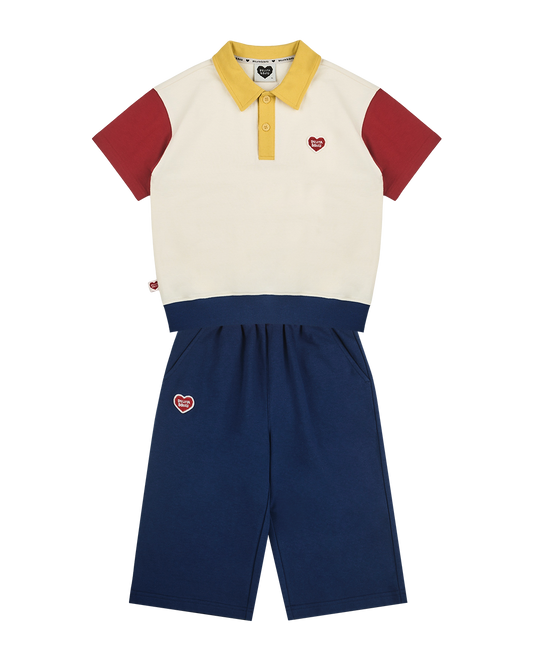 [SET] Cream BB Heart Color Block Collar & Crop