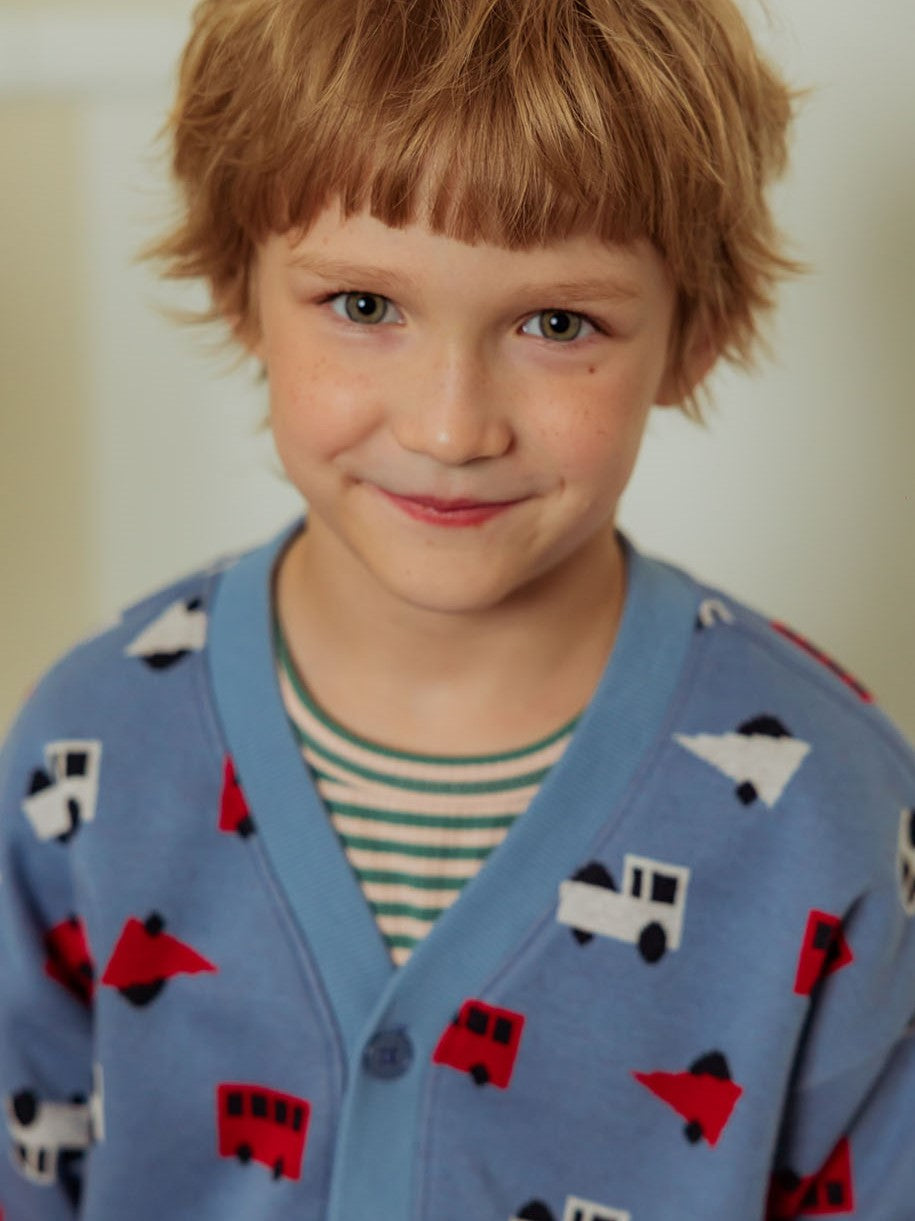 Light Blue Bus and Truck Pattern Knit Cardigan