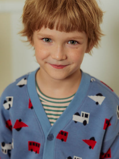 Light Blue Bus and Truck Pattern Knit Cardigan