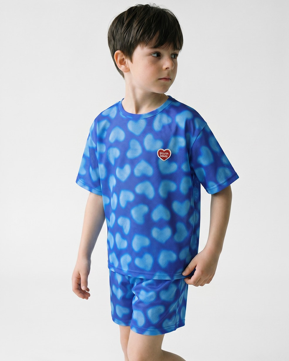 [SET] Blue Water Dye Heart Pattern Mesh Shorts
