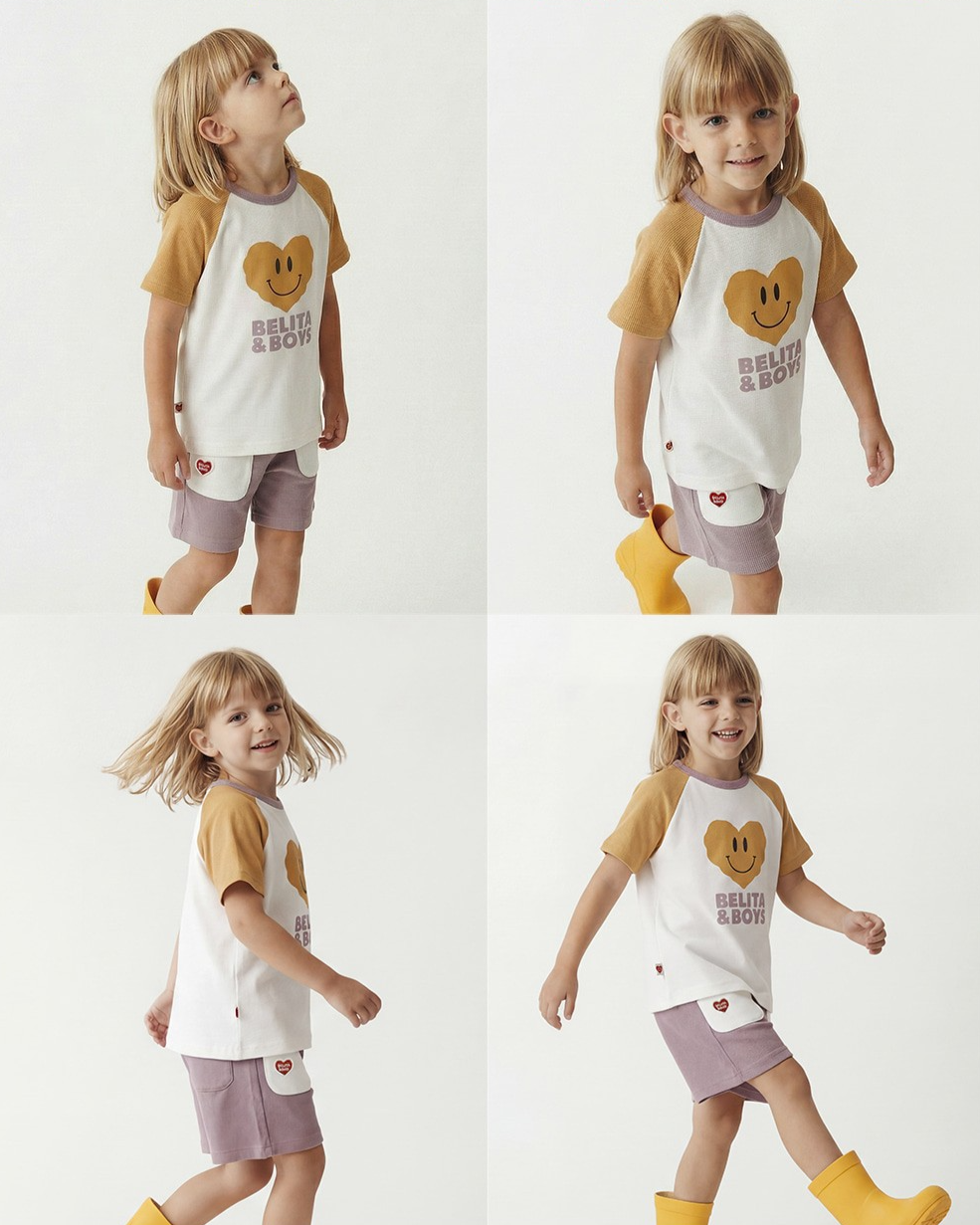 Cream Smile Heart Color Block Waffle Short Sleeve