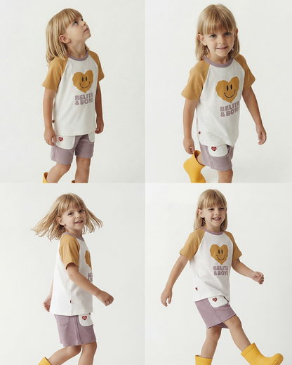 Cream Smile Heart Color Block Waffle Short Sleeve