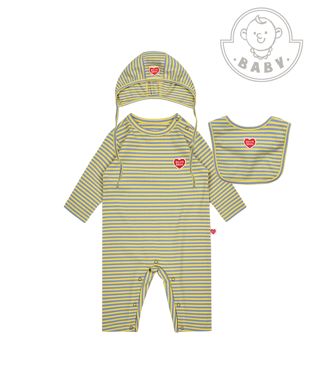 [BABY SET] Light Blue Stripe Rib Jumpsuit & Bib & Bonnet