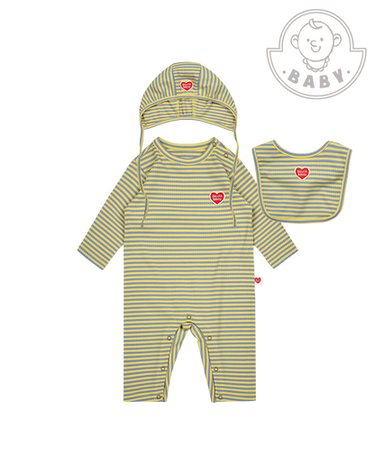 [BABY SET] Light Blue Stripe Rib Jumpsuit & Bib & Bonnet