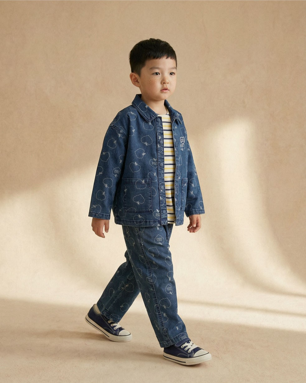 Blue Bubble Apple Pattern Denim Jacket