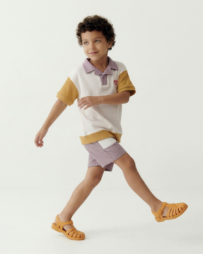 Cream BB Heart Color Block Waffle Collar Shirt