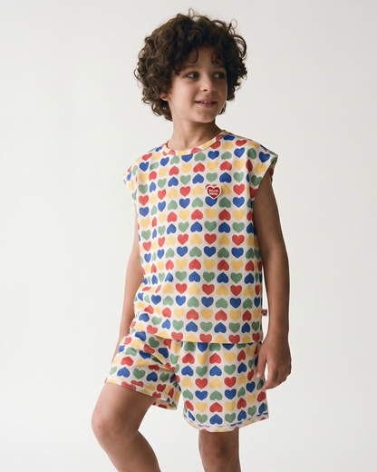 [SET] Cream Rainbow Heart Mesh Sleeveless Shorts