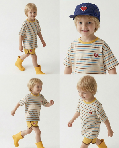 [SET] Yellow BB Heart Multi Stripe Shorts