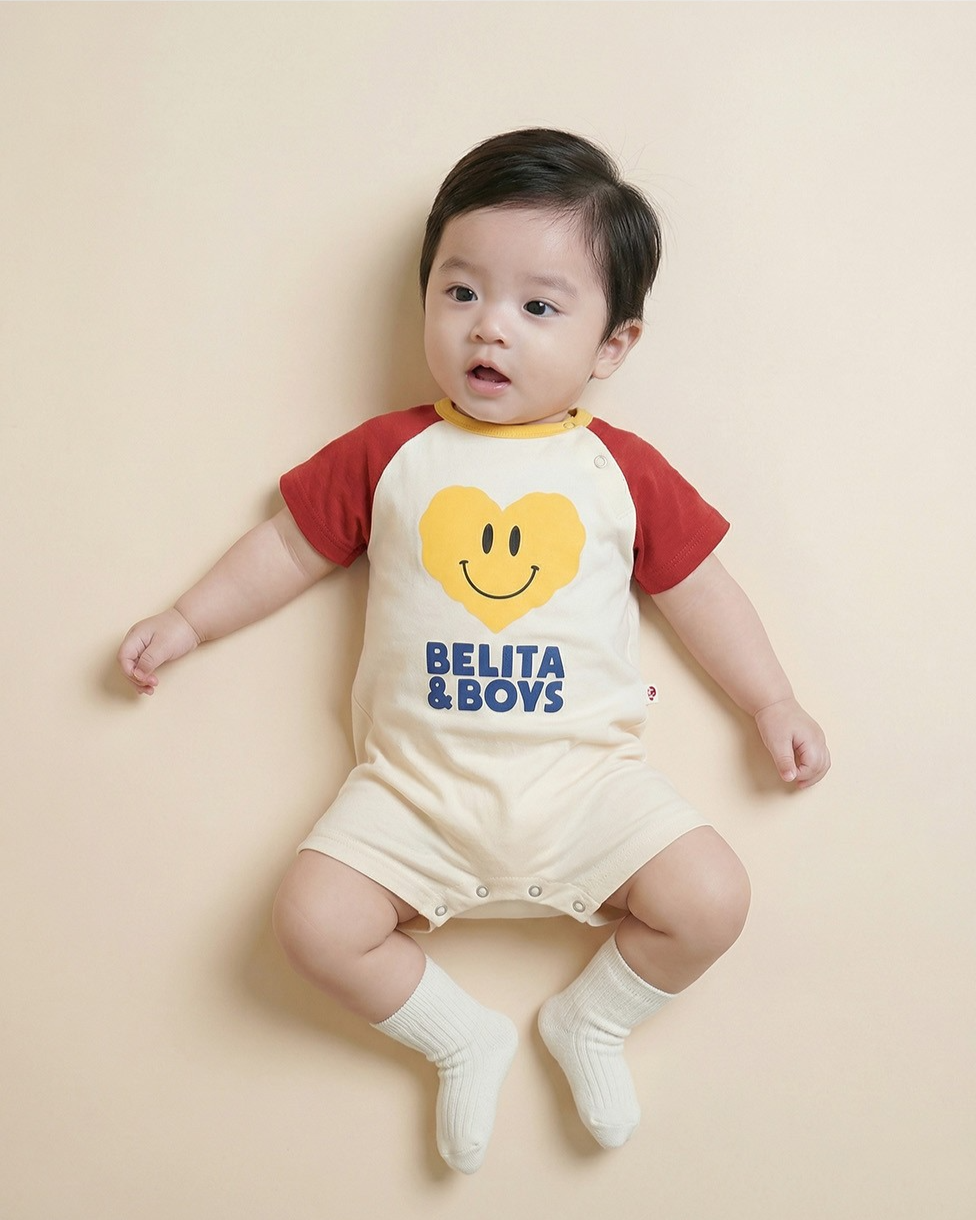 BABY Red Smile Heart Color Block Short Jumpsuit