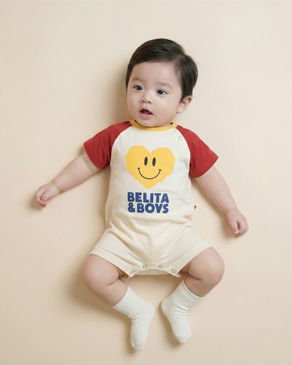 BABY Red Smile Heart Color Block Short Jumpsuit