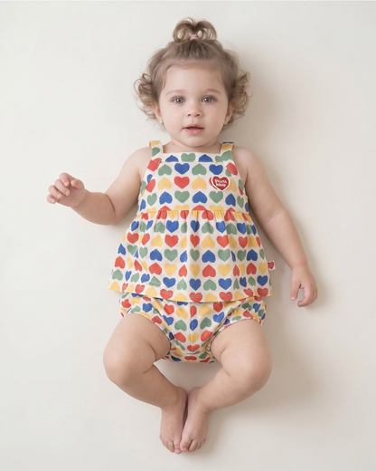 [BABY GIRL SET] Cream Rainbow Heart Mesh Sleeveless Shorts