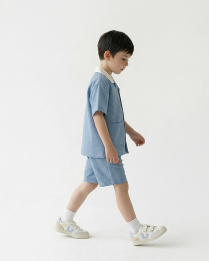 [SET] Light Blue Color Block Polysucker Shirt & Shorts