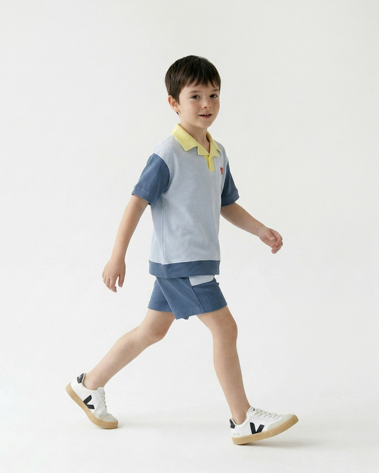 Blue BB Heart Pocket Color Block Waffle Shorts