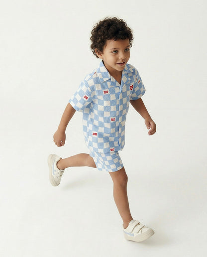 [SET] Light Blue Checkerboard Polysucker Shirt & Shorts