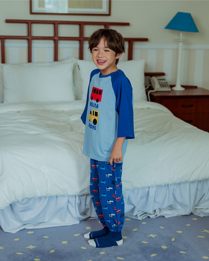 Blue Bus and Truck Color Block Raglan Mid Sleeve