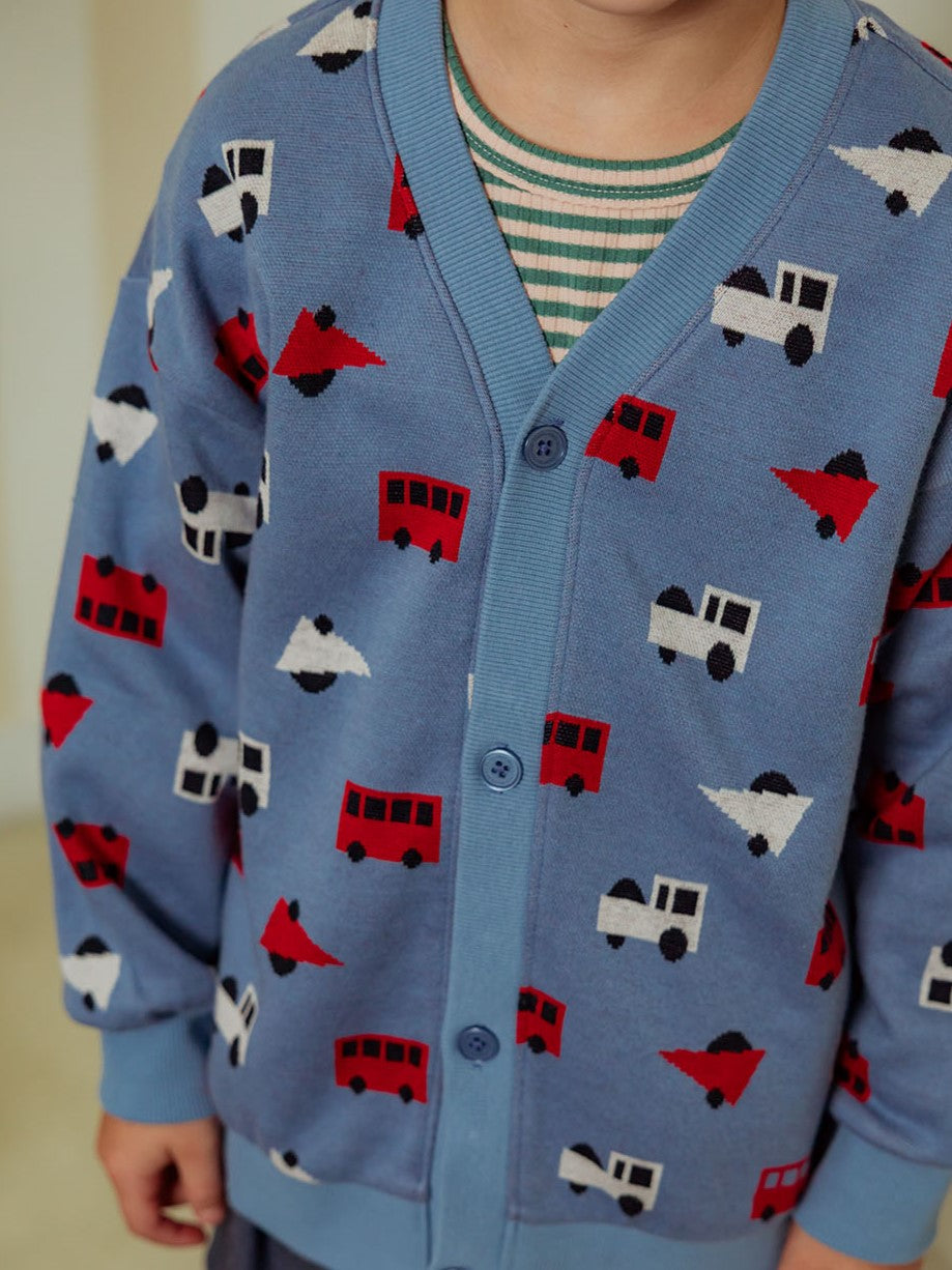 Light Blue Bus and Truck Pattern Knit Cardigan