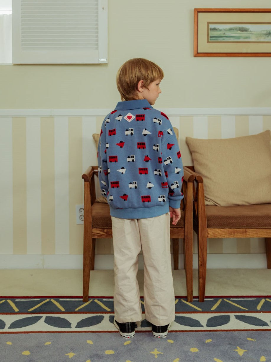 Light Blue Bus and Truck Pattern Collar Knit Sweater