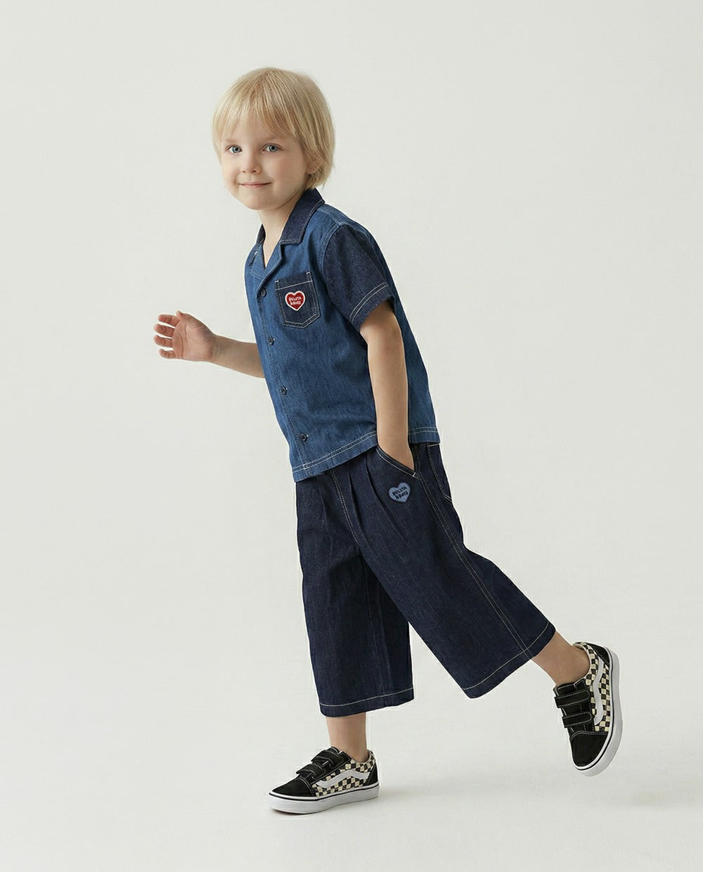 Navy BB Heart Two-Pleat Wide Denim Bermuda Pants