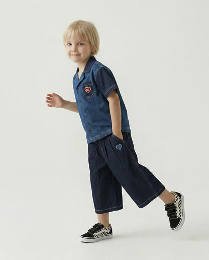Navy BB Heart Two-Pleat Wide Denim Bermuda Pants