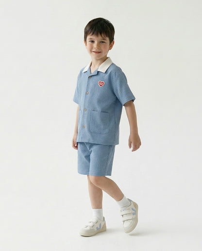 [SET] Light Blue Color Block Polysucker Shirt & Shorts