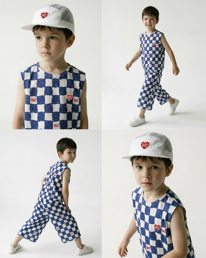 [SET] Blue Checkerboard Mesh Sleeveless Crop