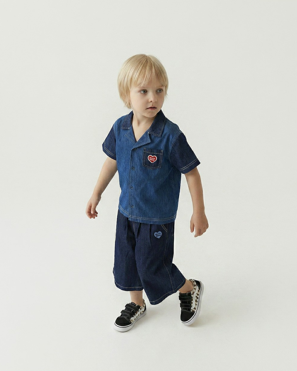 Navy BB Heart Two-Pleat Wide Denim Bermuda Pants
