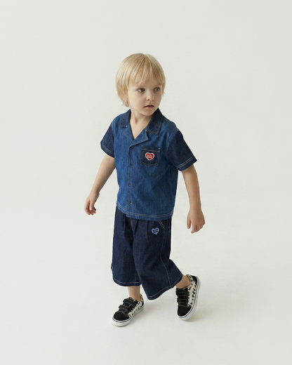 Navy BB Heart Two-Pleat Wide Denim Bermuda Pants