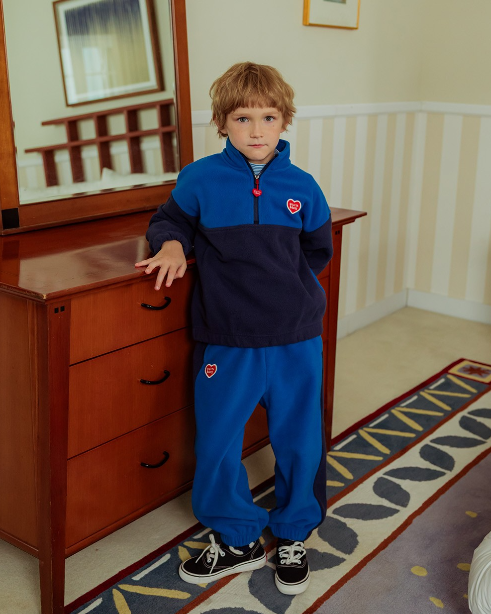 [SET] Navy BB Heart Color Block Fleece Half Zip up Jogger