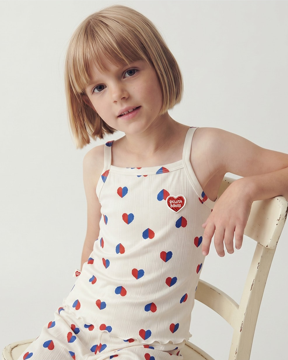 GIRL Ivory Red Blue Heart Pattern Sleeveless