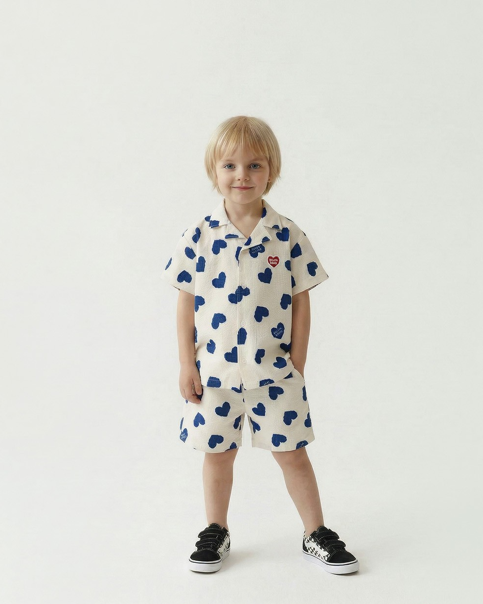 [SET] Blue Heart Pattern Polysucker Shirt & Shorts