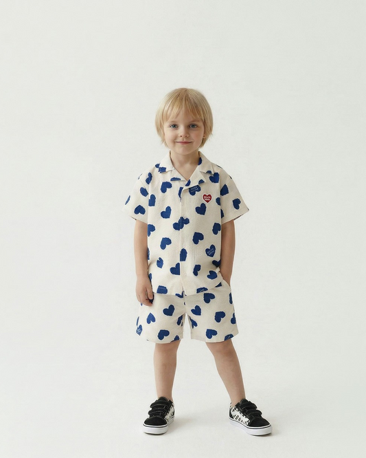 [SET] Blue Heart Pattern Polysucker Shirt & Shorts