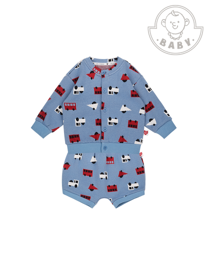[BABY SET] Light Blue Bus and Truck Pattern Knit Cardigan & Bloomers