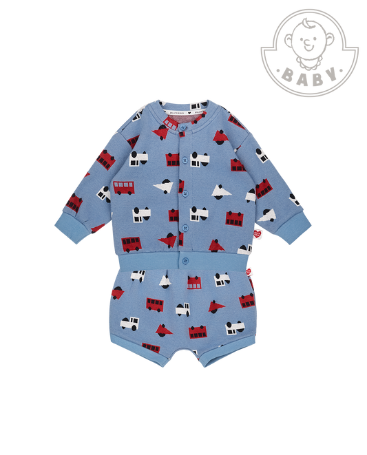 [BABY SET] Light Blue Bus and Truck Pattern Knit Cardigan & Bloomers