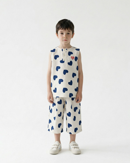 [SET] Blue Heart Pattern Polysucker Sleeveless Crop