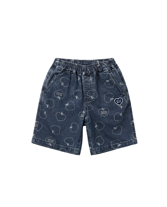 Blue Bubble Apple Pattern Denim Shorts