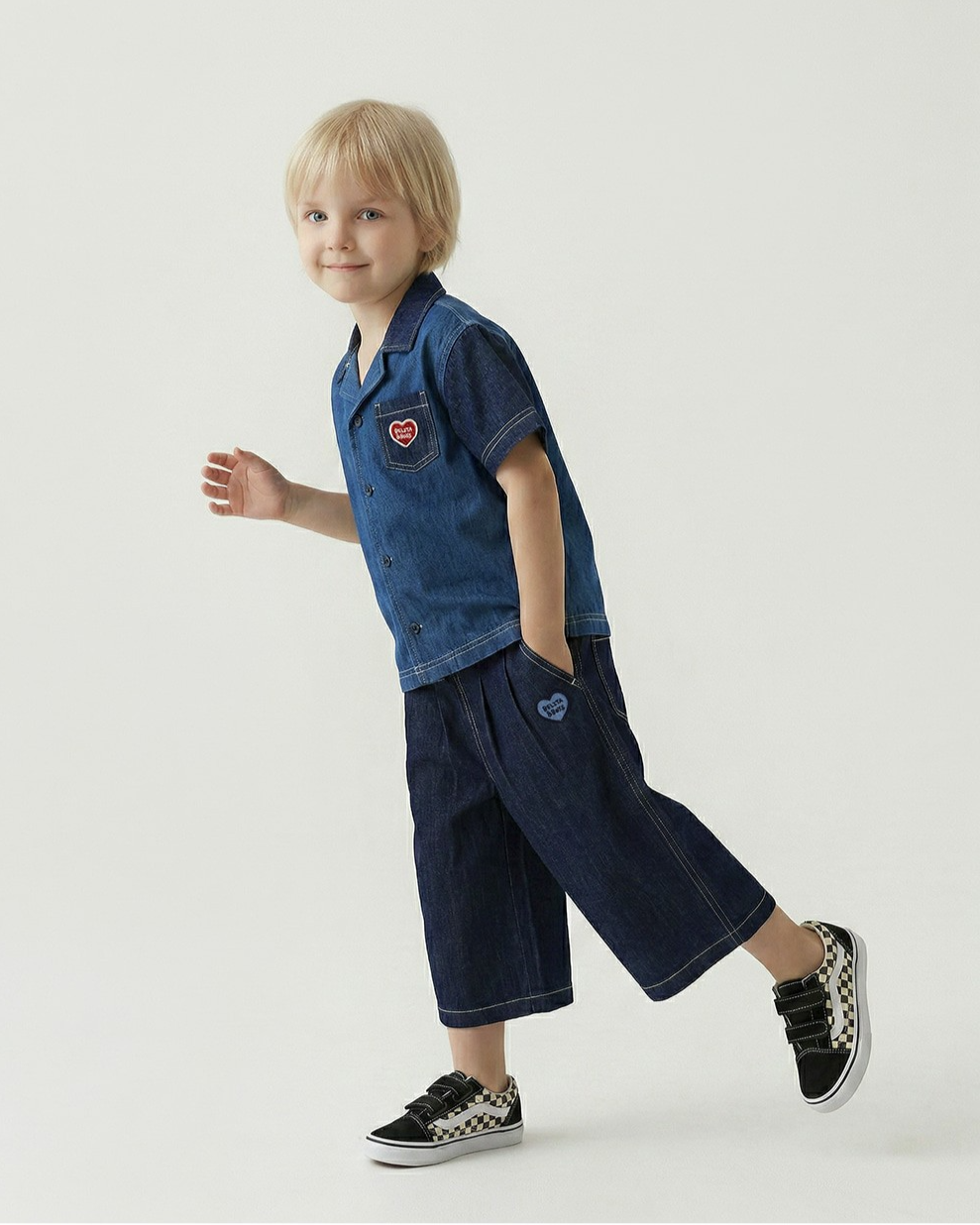 Navy BB Heart Two-Pleat Wide Denim Bermuda Pants