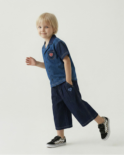 Navy BB Heart Two-Pleat Wide Denim Bermuda Pants