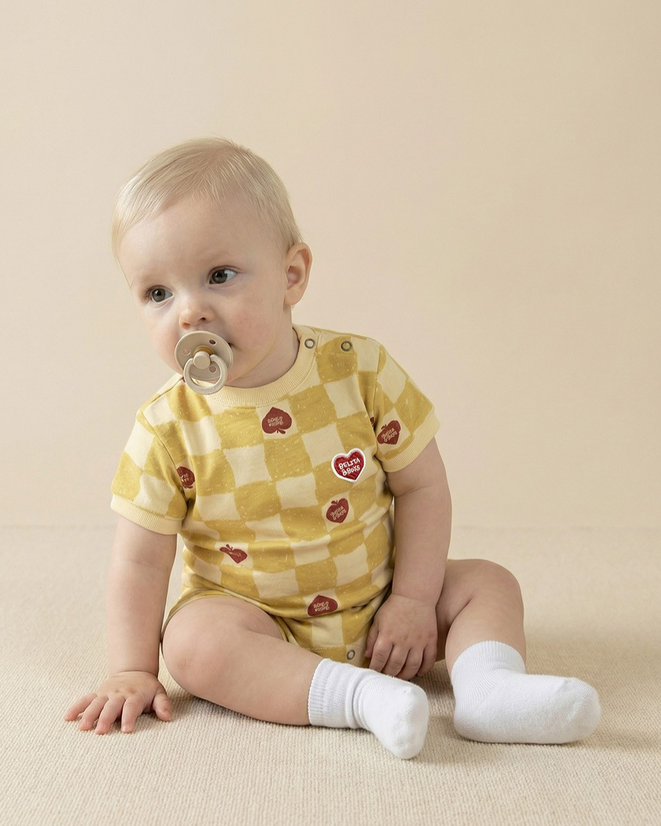 BABY Yellow Bubble Apple Checkerboard Short Jumpsuit