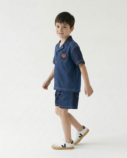 Dark Blue Color Block Denim Shorts