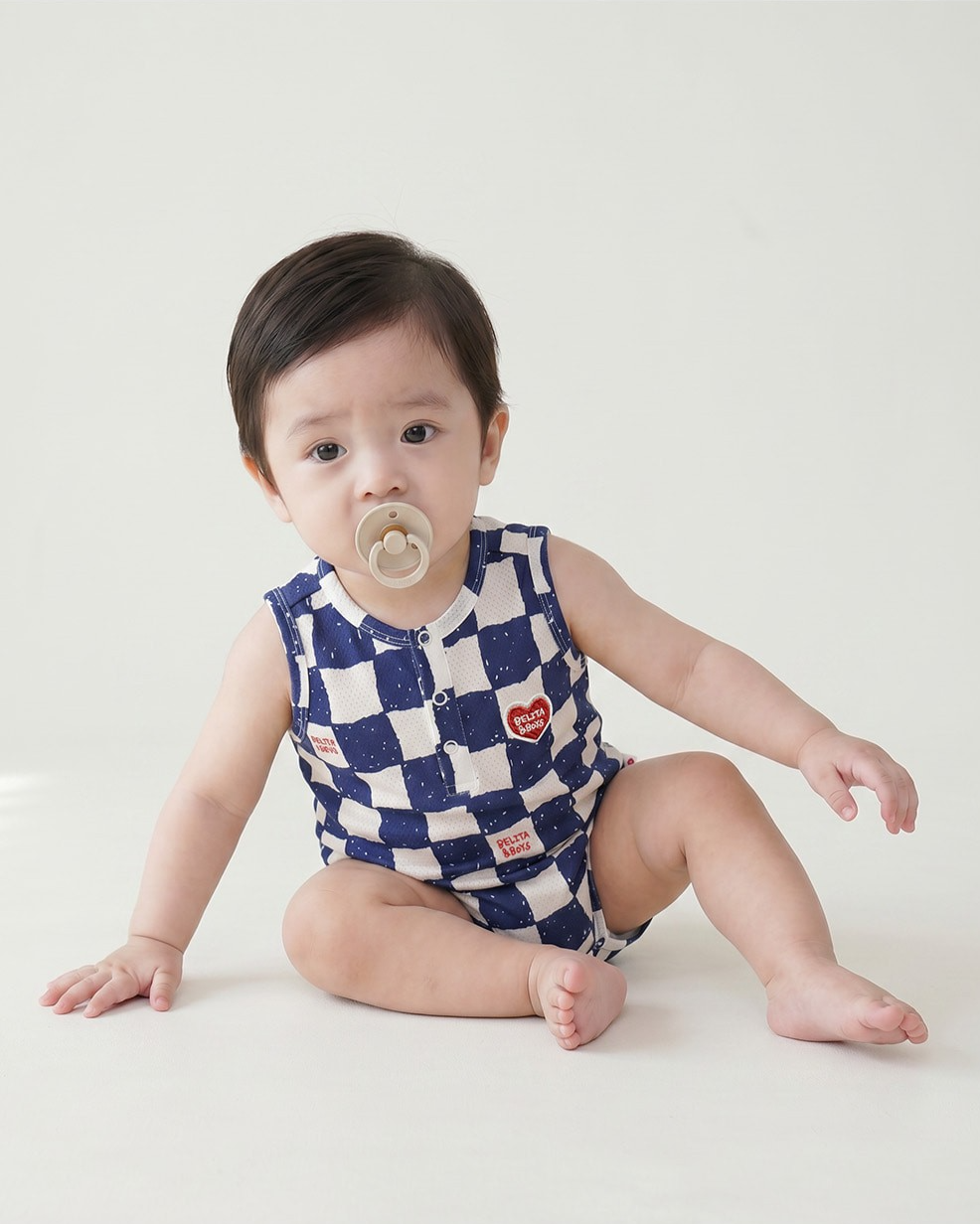 BABY Blue Checkerboard Mesh Sleeveless Bodysuit